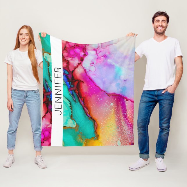 Pink and Green Marble Abstract Watercolor Fleece Blanket (In Situ)