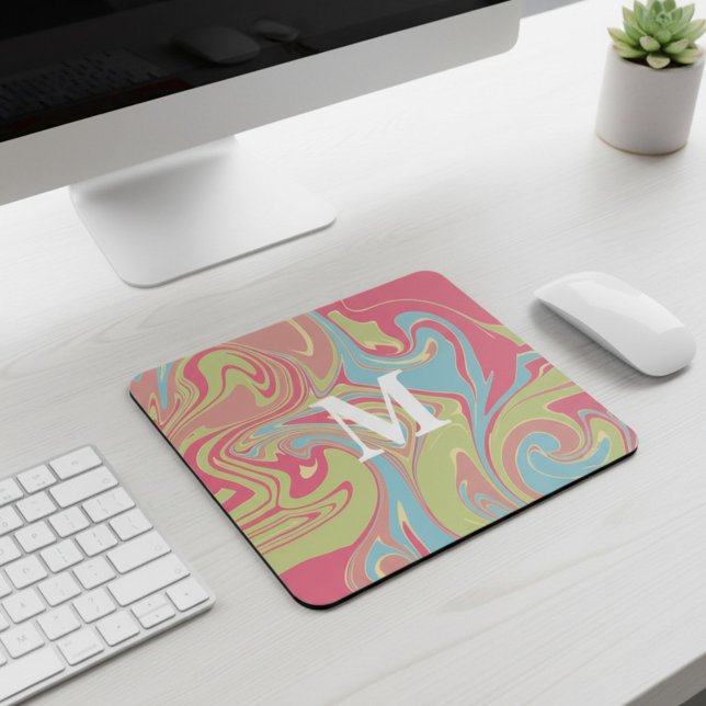 Pink and Green Marble Monogram Mouse Pad (Creator Uploaded)