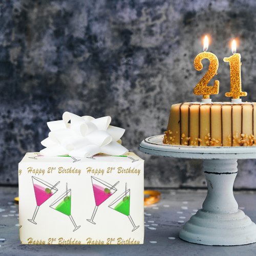 Pink And Green Martinis 21st Birthday Wrapping Paper