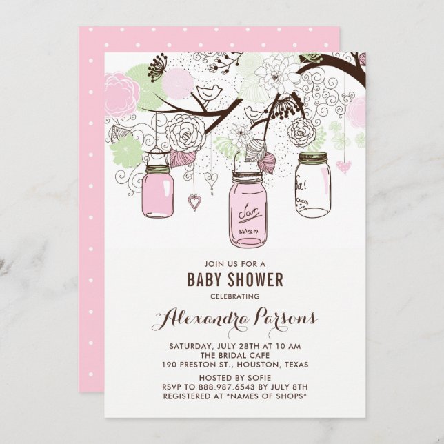 Pink and Green Mason Jars Floral Baby Shower Invitation (Front/Back)