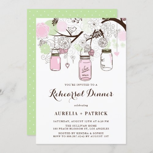 Pink and Green Mason Jars Rehearsal Dinner Invitation