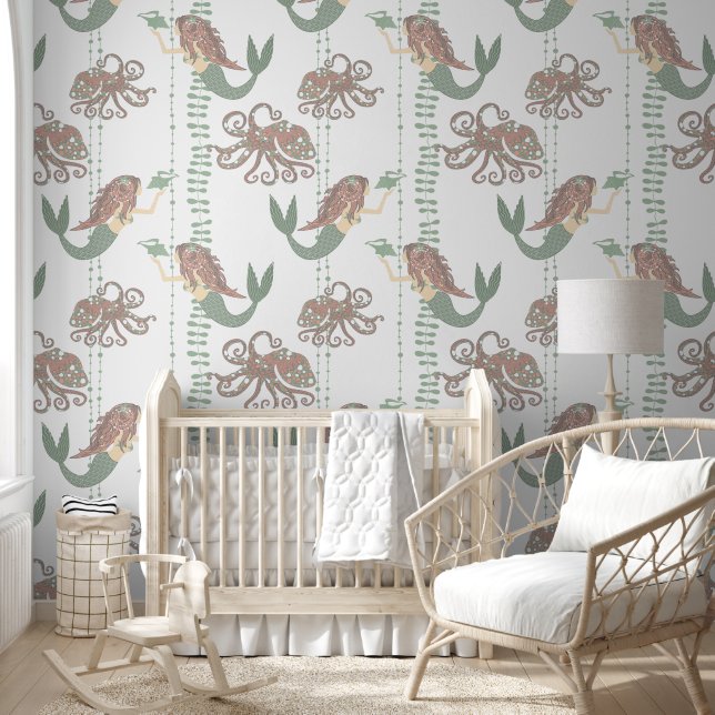 Pink and Green Mermaid Pattern Removable Wallpaper (Kids)