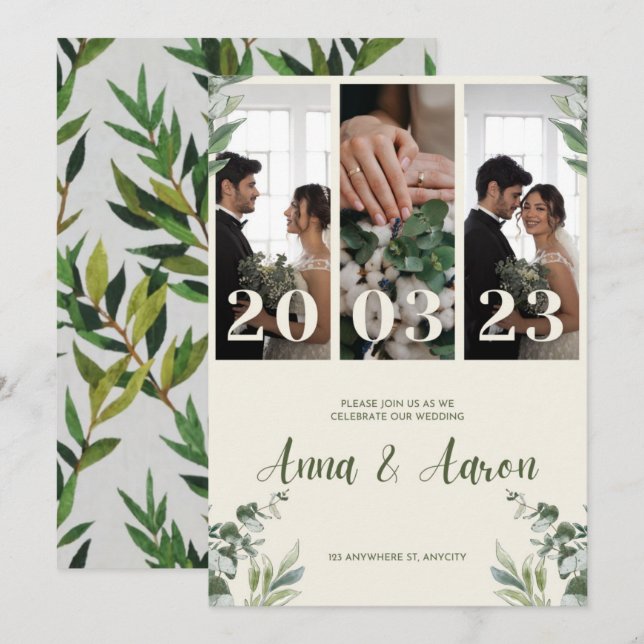 Pink And Green Minimalist Wedding Invitation (Front/Back)
