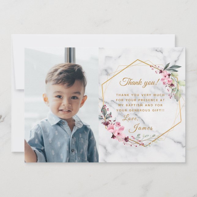 Pink and Green Minimalist White Marble  Thank You Card (Front)