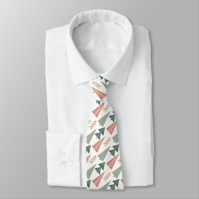 Pink and Green Modern Christmas Trees On White Neck Tie (Tied)