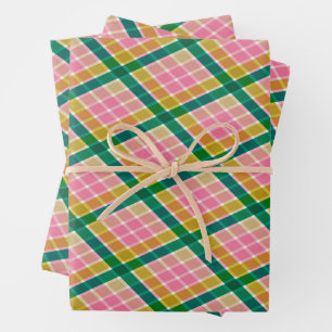 Pink and Green Modern Plaid Christmas Pattern Wrapping Paper Sheets
