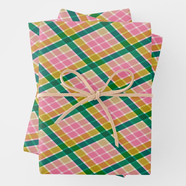 Pink and Green Modern Plaid Christmas Pattern Wrapping Paper Sheets (In situ)