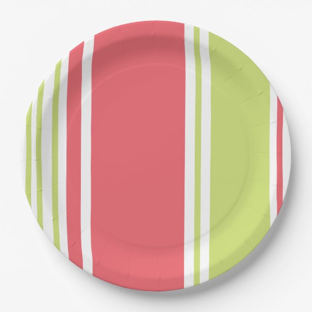 Pink and Green Modern Stripes Paper Plates (Front)