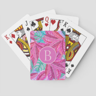 Pink and Green Modern Tropical Leaves Monogram Poker Cards
