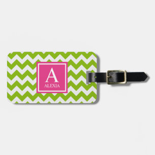Pink and Green Monogram Chevron Print Luggage Tag