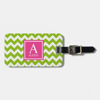 Pink And Green Monogram Chevron Print Luggage Tag by Letsrendevoo at Zazzle