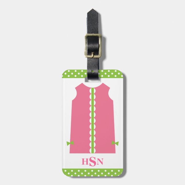 Pink and Green Monogram Shift Dress Luggage Tag (Front Vertical)