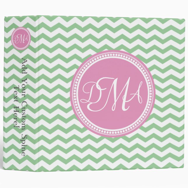 Pink and Green Monogrammed Chevron Personalized Binder (Front/Spine)