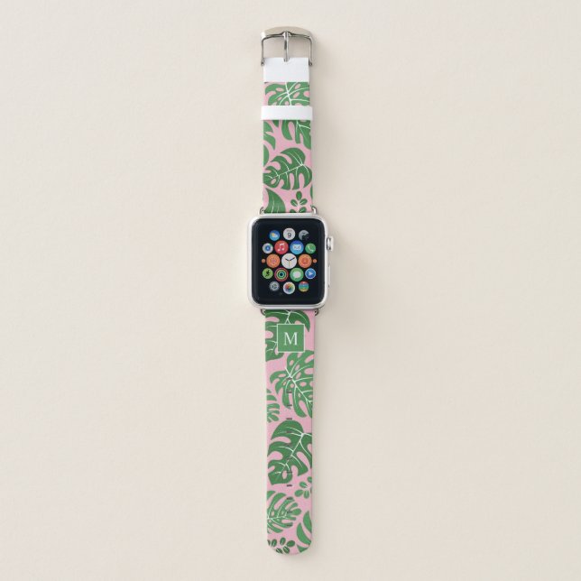 Pink and Green Monogrammed Monstera Leaves Apple Watch Band (Front)