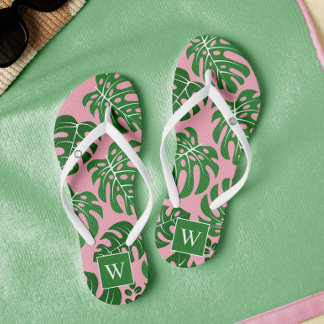 Pink and Green Monogrammed Monstera Leaves Flip Flops