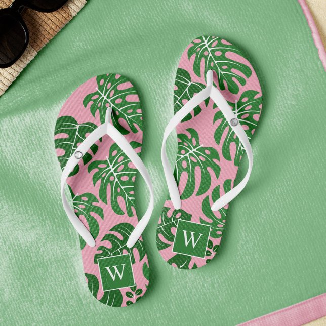 Pink and Green Monogrammed Monstera Leaves Flip Flops (Creator Uploaded)