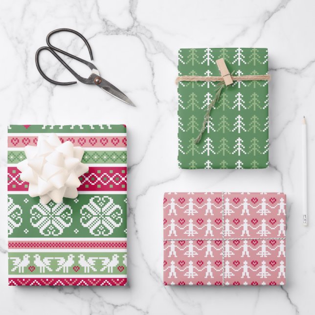 Pink and Green Nordic Trio Wrapping Paper Sheets (Front)