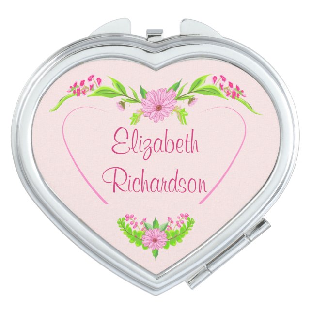 Pink and Green Nostalgic Floral compact mirror (Front)