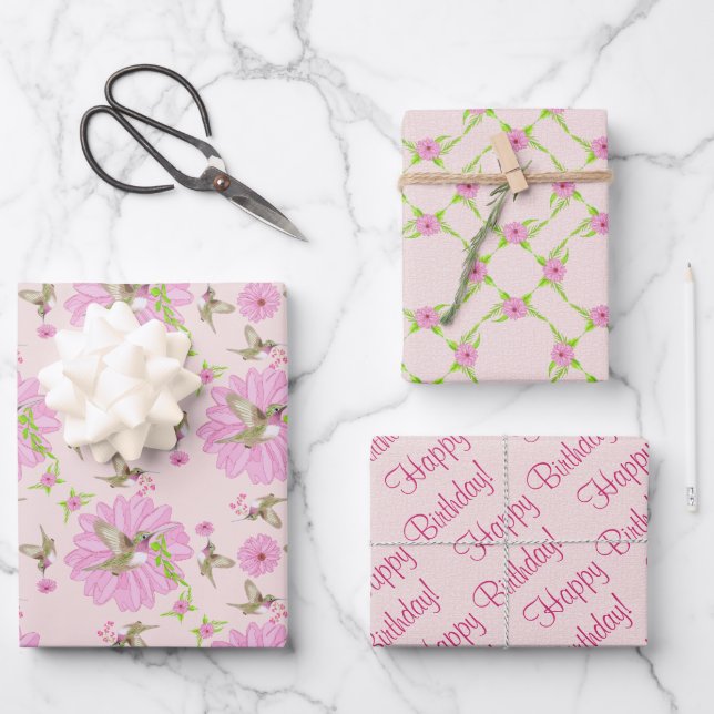 Pink and Green Nostalgic Floral Wrapping Paper Sheets (Front)