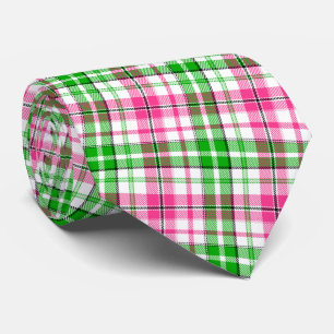 Pink and Green On White Plaid Tartan Pattern Neck Tie