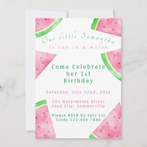 Pink and Green One In A Melon 1st Birthday Invite