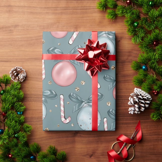 Pink and Green Ornaments Candy Canes Christmas Wrapping Paper (Holiday Gift)