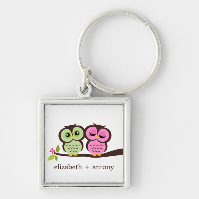 Pink and Green Owl Couple Keychain (Front)