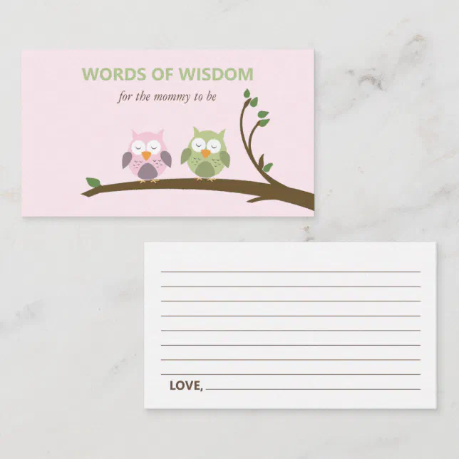 Pink and Green Owl Words of Wisdom Baby Shower Enclosure Card Zazzle