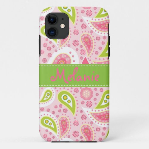 Pink and Green Paisley iPhone Monogram Custom iPhone 11 Case