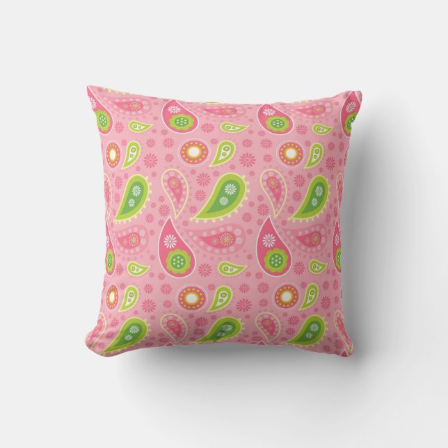 Pink and Green Paisley Throw Pillow (Front)