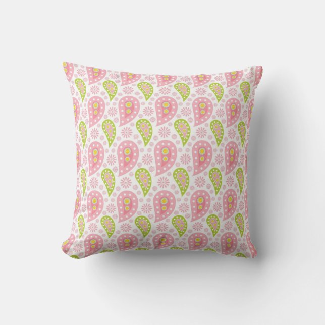 Pink and Green Paisley Throw Pillow (Front)