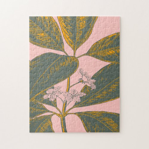 Pink and Green Palm Frond Botanical Drawing Jigsaw Puzzle