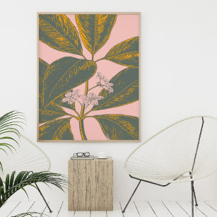 Pink and Green Palm Frond Botanical Drawing Poster