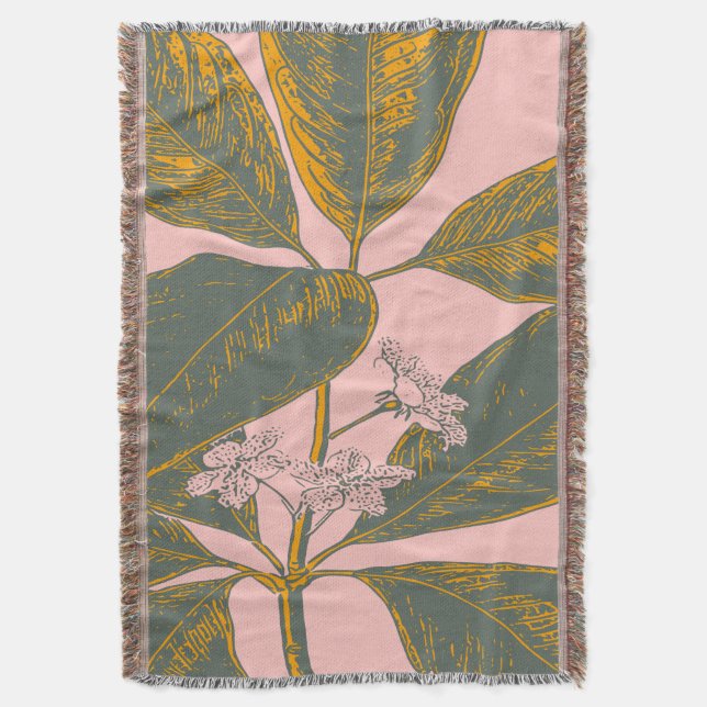 Pink and Green Palm Frond Botanical Drawing Throw Blanket (Front Vertical)