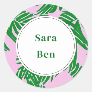 Pink and Green Palm Tree Modern Beach Wedding Classic Round Sticker