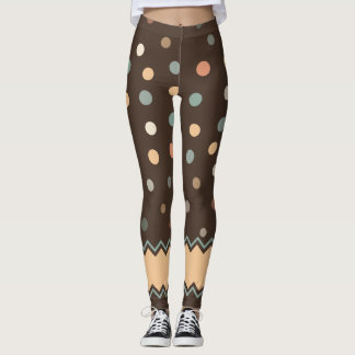 Pink and Green Pastel Polka Dots on Brown Leggings