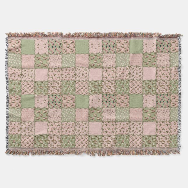 Pink and Green Patchwork Design Throw Blanket (Front)