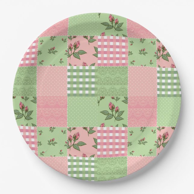 Pink and Green Patchwork Quilt Pattern Paper Plates (Front)