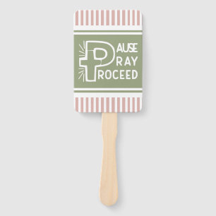 pink and green Pause Pray Proceed Christian Hand Fan
