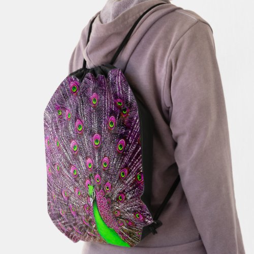 Pink And Green Peacock   Drawstring Bag