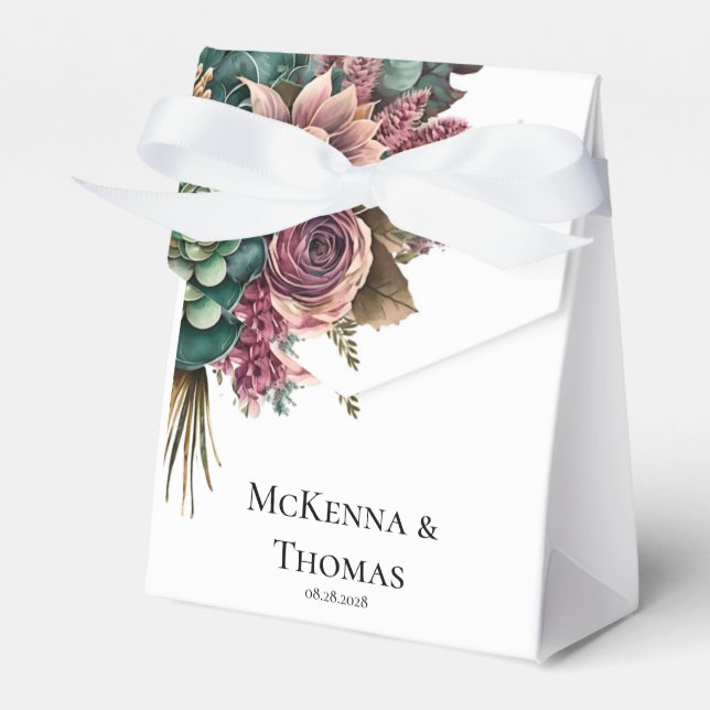 Pink and Green Peony Succulent Wedding Favor Boxes (Front Side)