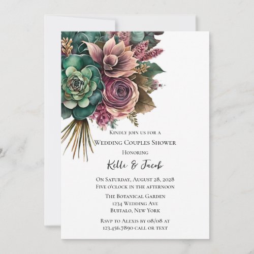 Pink and Green Peony Succulent Wedding Invitation