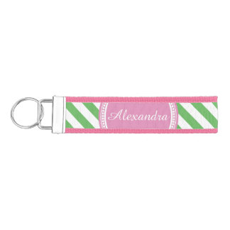 Pink and Green Personalized Diagonal Stripe Girls Wrist Keychain