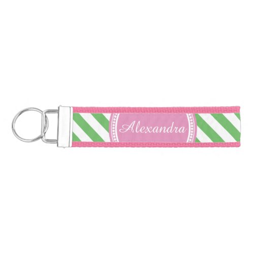 Pink and Green Personalized Diagonal Stripe Girls Wrist Keychain