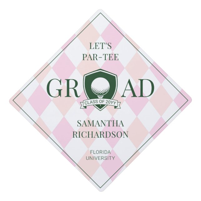 Pink and Green Personalized Modern Golf Graduation Cap Topper (Front)