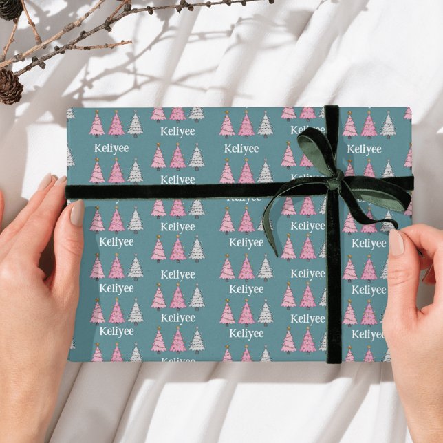 Pink and green Personalized name Christmas trees Wrapping Paper (Creator Uploaded)