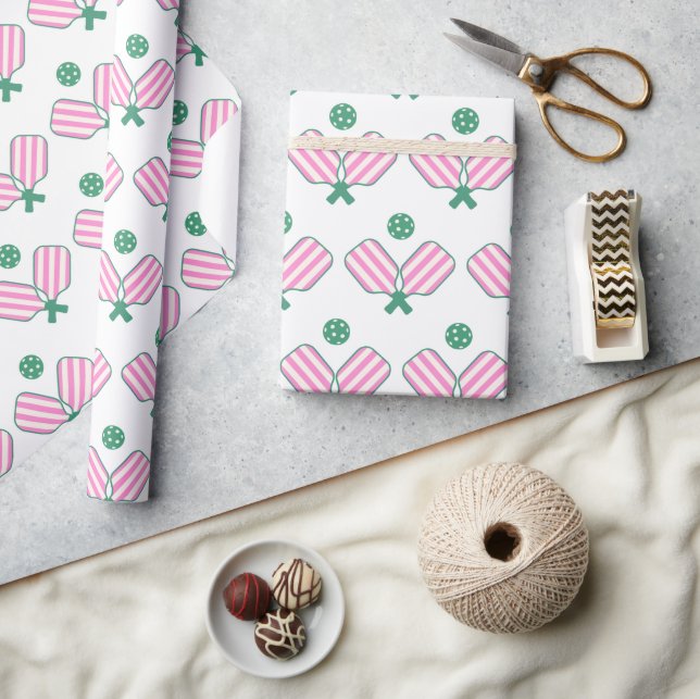 Pink and Green Pickleball Birthday Wrapping Paper (Crafts)