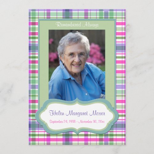 Pink and Green Plaid Memorial Card with Photo