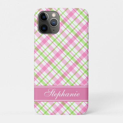 Pink and Green Plaid Pattern iPhone 11 Pro Case