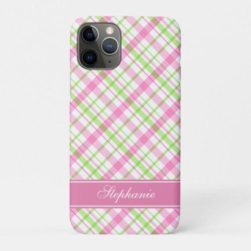 Pink and Green Plaid Pattern iPhone 11 Pro Case